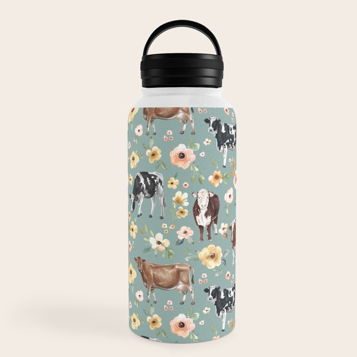 Cows and Flowers on Country Blue, Yellow Flowers, Cow Floral, Pink Flowers Water Bottle Gallery Image 6