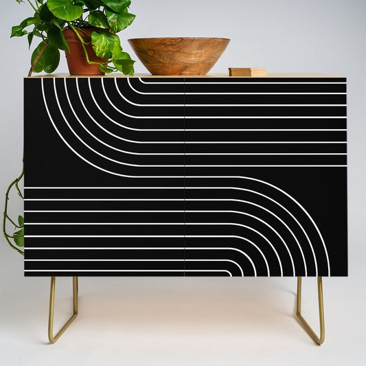 Minimal Line Curvature II Black and White Mid Century Modern Arch Abstract Credenza Gallery Image 1