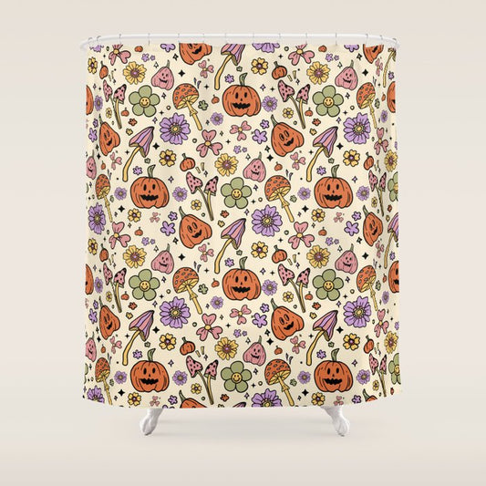 Whimsical Halloween Pattern Cute Pumpkins Mushrooms and Flowers in Pastel Autumn Colors Shower Curtain Gallery Image 1