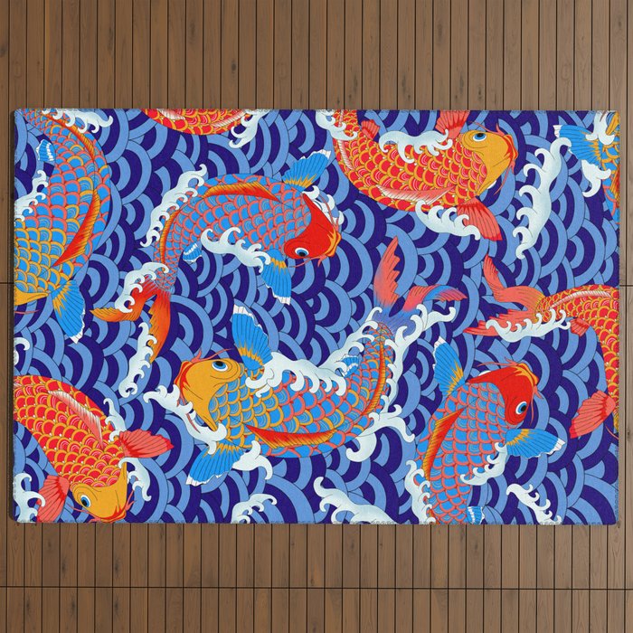 Koi fish / japanese tattoo style pattern Outdoor Rug Gallery Image 4