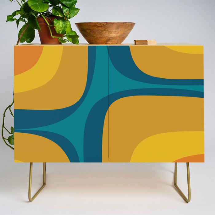 Retro Groove Mustard Teal - Minimalist Mid Century Abstract Pattern Credenza Gallery Image 1