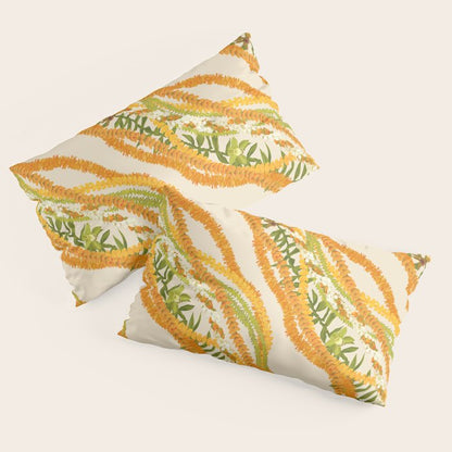 Diagonal Lei Pikake Orange Lokelani Pakalana Puakenikeni tileaf on beige Pillow Sham Gallery Image 4
