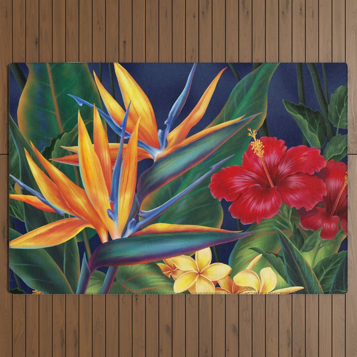 Tropical Paradise Hawaiian Floral Illustration Outdoor Rug Gallery Image 3