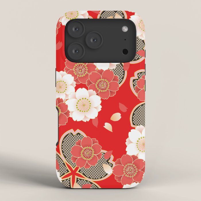 Japanese Vintage Red Black White Floral Kimono Pattern iPhone Case Gallery Image 3