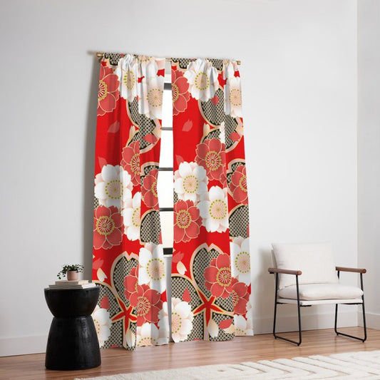 Japanese Vintage Red Black White Floral Kimono Pattern Window Curtain Gallery Image 2