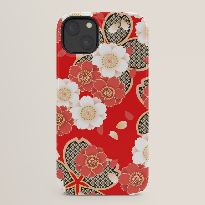 Japanese Vintage Red Black White Floral Kimono Pattern iPhone Case Gallery Image 30