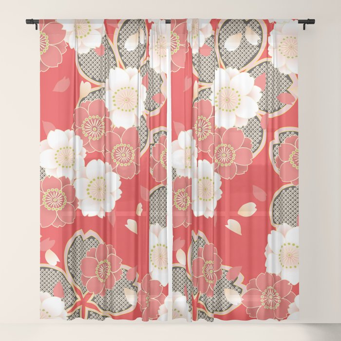 Japanese Vintage Red Black White Floral Kimono Pattern Window Curtain Gallery Image 21