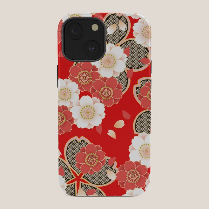 Japanese Vintage Red Black White Floral Kimono Pattern iPhone Case Gallery Image 34