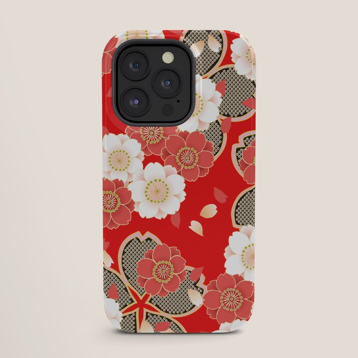 Japanese Vintage Red Black White Floral Kimono Pattern iPhone Case Gallery Image 27