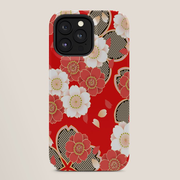 Japanese Vintage Red Black White Floral Kimono Pattern iPhone Case Gallery Image 28