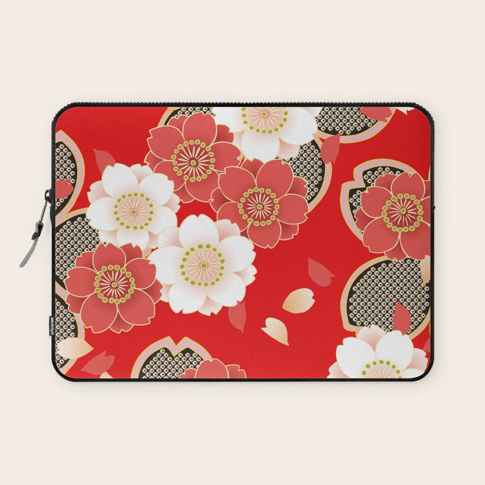 Japanese Vintage Red Black White Floral Kimono Pattern Laptop Sleeve Gallery Image 1