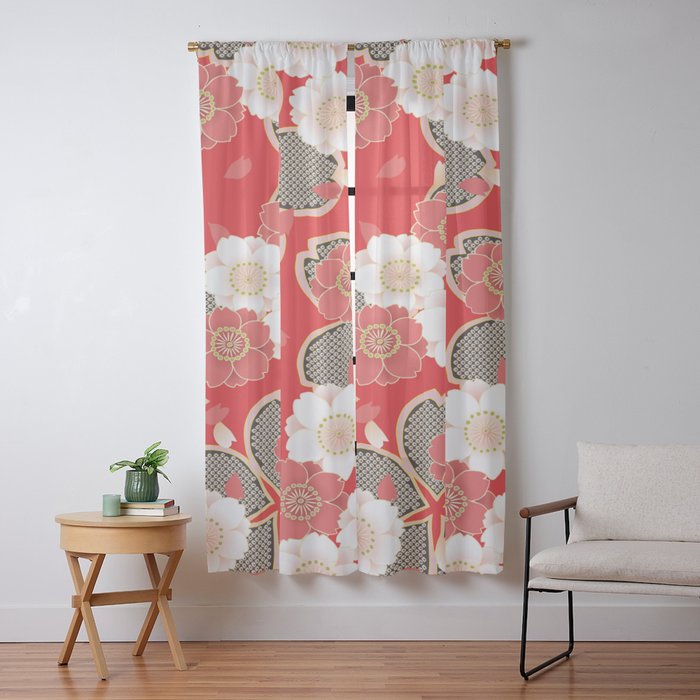Japanese Vintage Red Black White Floral Kimono Pattern Window Curtain Gallery Image 9