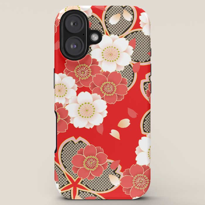 Japanese Vintage Red Black White Floral Kimono Pattern iPhone Case Gallery Image 5