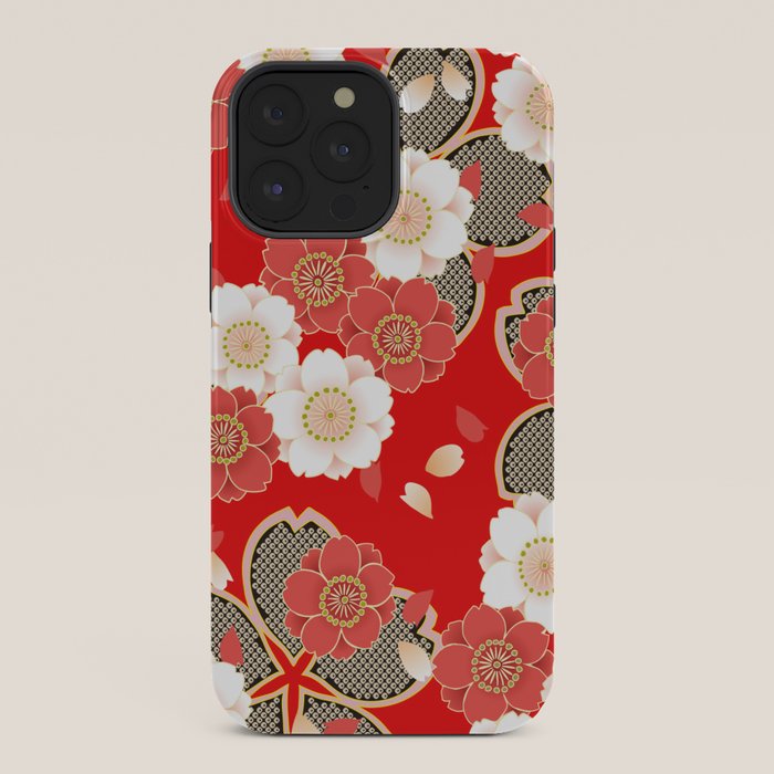 Japanese Vintage Red Black White Floral Kimono Pattern iPhone Case Gallery Image 36