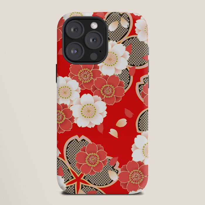 Japanese Vintage Red Black White Floral Kimono Pattern iPhone Case Gallery Image 12