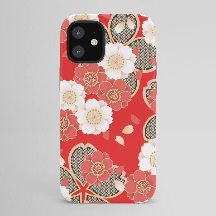 Japanese Vintage Red Black White Floral Kimono Pattern iPhone Case Gallery Image 42