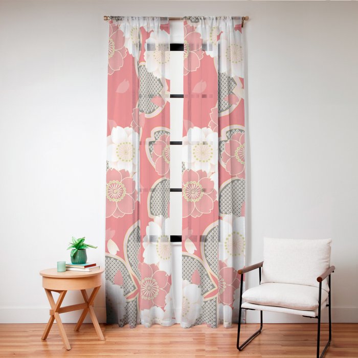 Japanese Vintage Red Black White Floral Kimono Pattern Window Curtain Gallery Image 24