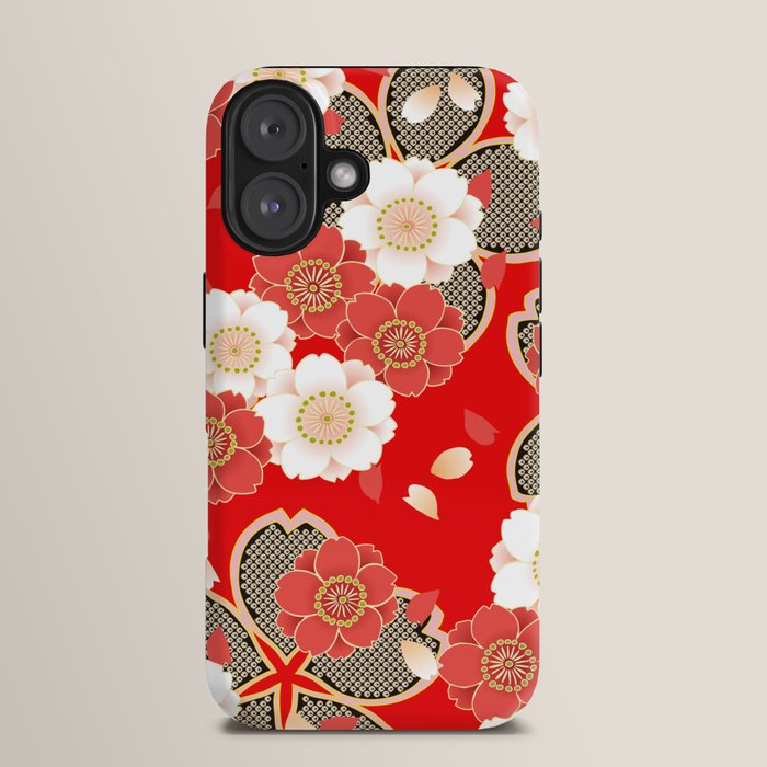 Japanese Vintage Red Black White Floral Kimono Pattern iPhone Case Gallery Image 13