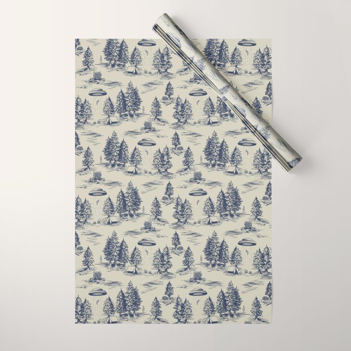 Alien Abduction Toile De Jouy Pattern in Blue Wrapping Paper Gallery Image 1