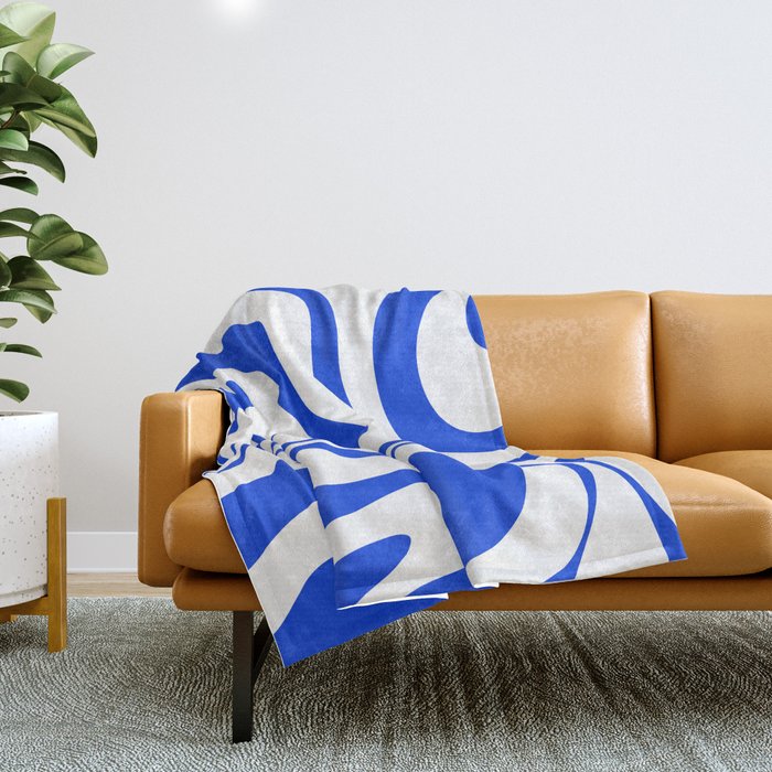 Retro Modern Liquid Swirl Abstract Pattern in Royal Blue and White Throw Blanket Gallery Image 1