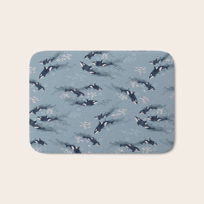 Orca in Motion / blue-gray ocean pattern Bath Mat Gallery Image 1