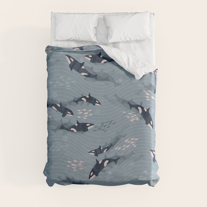 Orca in Motion / blue-gray ocean pattern Duvet Cover Gallery Image 8