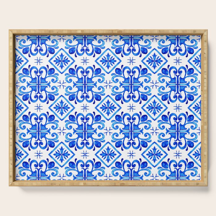 Greek Blue and White Pattern Spanish Tiles Amalfi Coast Pattern Serving Tray Gallery Image 1