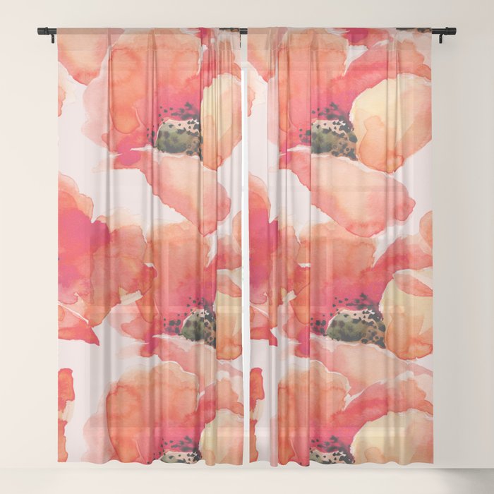 Abstract watercolor red orange pink poppies flowers Window Curtain Gallery Image 17