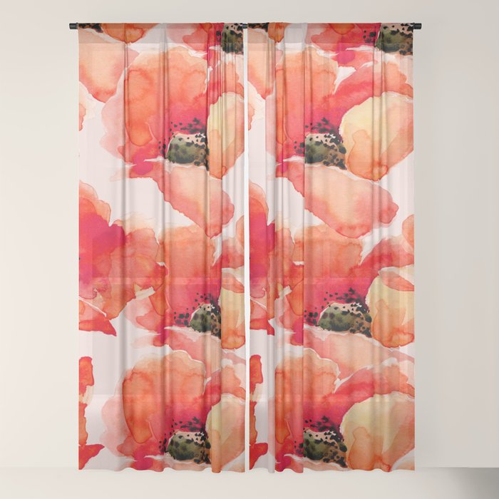 Abstract watercolor red orange pink poppies flowers Window Curtain Gallery Image 18
