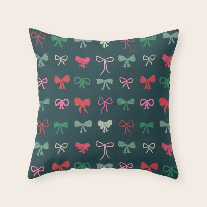 Christmas bows pattern green pink red Throw Pillow Gallery Image 3