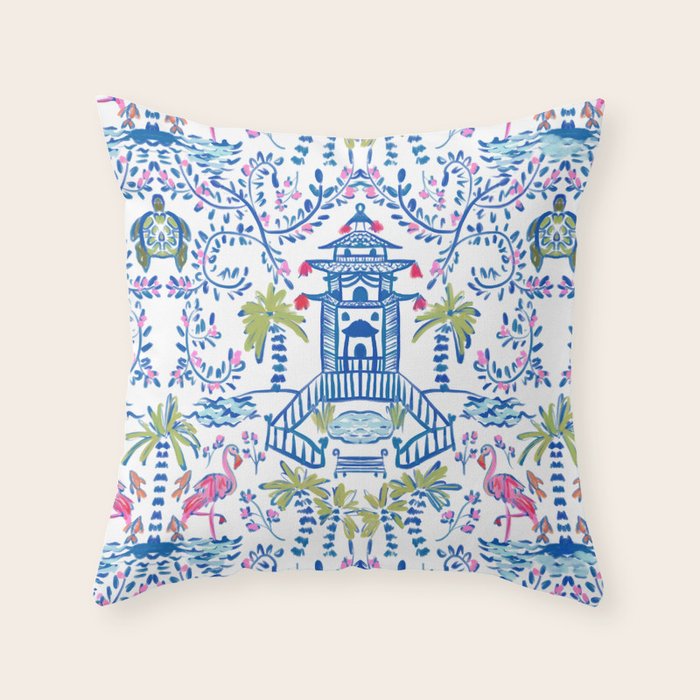 Colorful Coastal Chinoiserie Throw Pillow Gallery Image 3