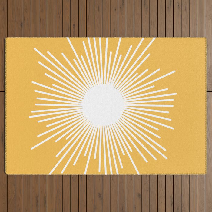 Mid Century Modern Sunburst - Minimalist Sun in Mustard Marigold Yellow and White Outdoor Rug Gallery Image 3