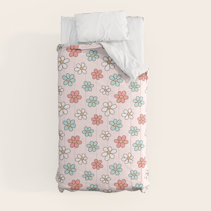 Happy Daisy Pattern, Cute and Fun Smiling Colorful Daisies Comforter Gallery Image 4