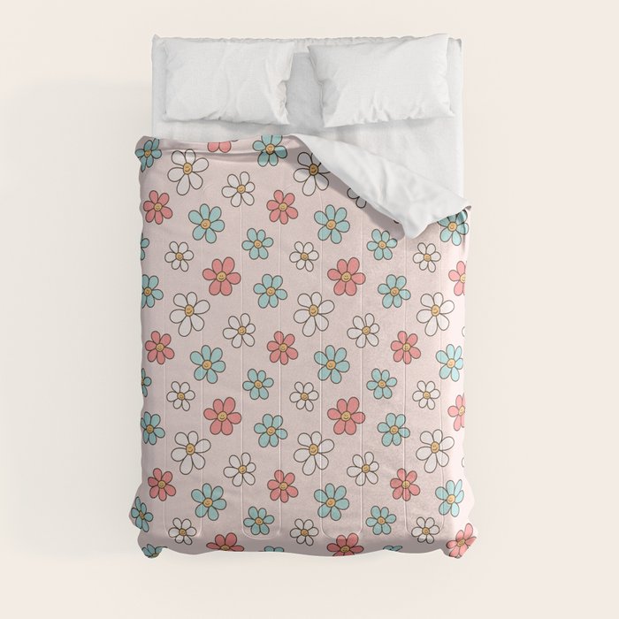 Happy Daisy Pattern, Cute and Fun Smiling Colorful Daisies Comforter Gallery Image 8