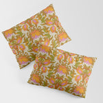 Orange, Pink Flowers and Green Leaves 1960s Retro Vintage Pattern Pillow Sham Gallery Image 1