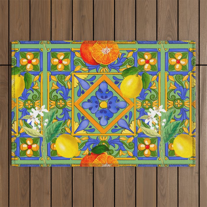 Summer ,Sicilian tiles ,citrus,oranges,majolica,lemons ,Mediterranean Outdoor Rug Gallery Image 1