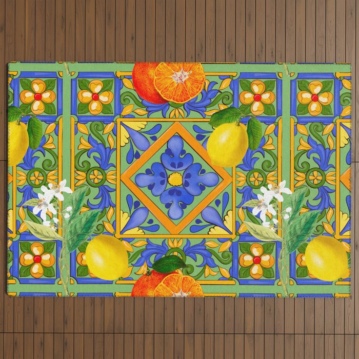Summer ,Sicilian tiles ,citrus,oranges,majolica,lemons ,Mediterranean Outdoor Rug Gallery Image 4