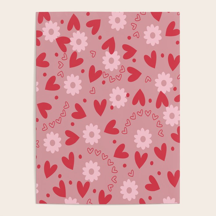Hearts and Flowers on Tea Rose Pink Poster Gallery Image 1