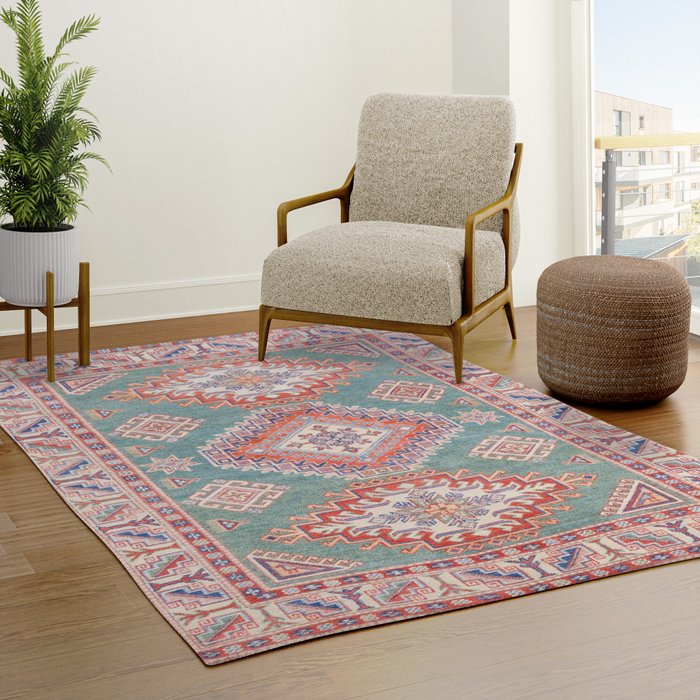 Marine Green Spiral Star Kazak Handmade Persian Rug Rug Gallery Image 3