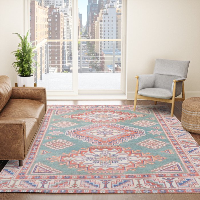 Marine Green Spiral Star Kazak Handmade Persian Rug Rug Gallery Image 4