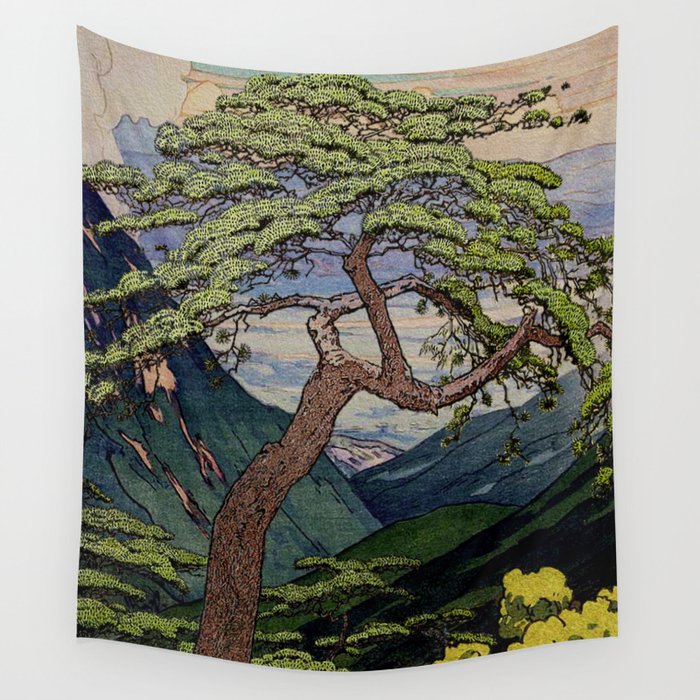 The Downwards Climbing - Summer Tree & Mountain Ukiyoe Nature Landscape in Green Wall Tapestry Gallery Image 2