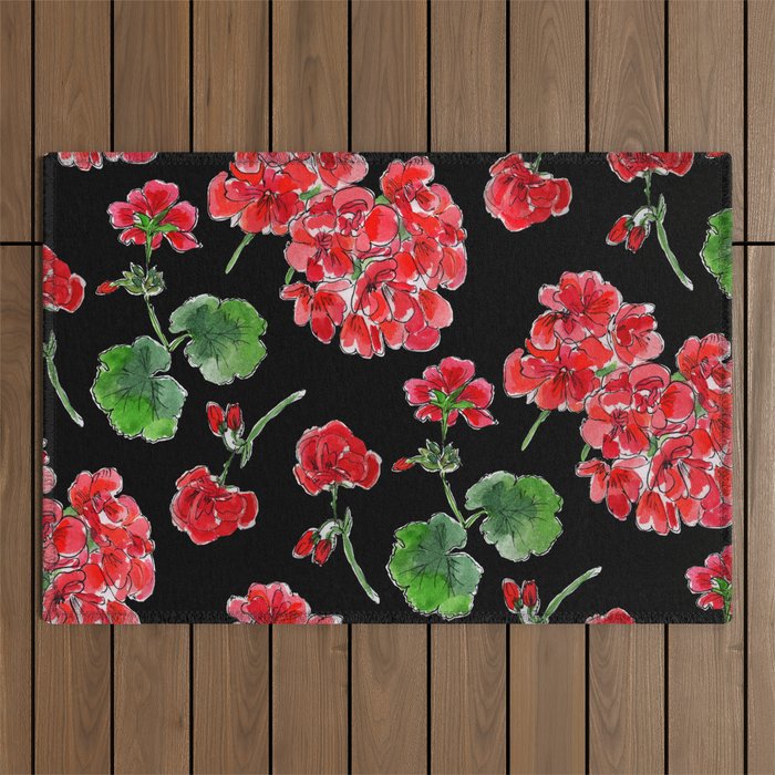 Red Geranium with black background Outdoor Rug Gallery Image 1