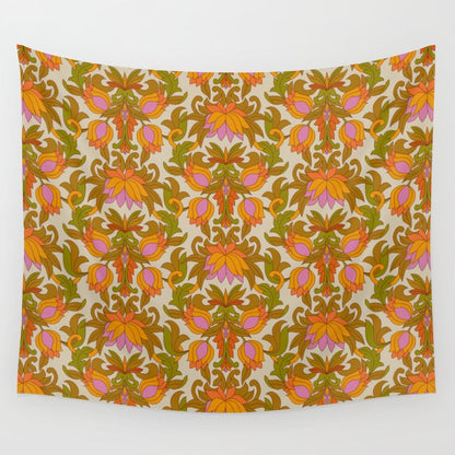 Orange, Pink Flowers and Green Leaves 1960s Retro Vintage Pattern Wall Tapestry Gallery Image 3