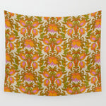 Orange, Pink Flowers and Green Leaves 1960s Retro Vintage Pattern Wall Tapestry Gallery Image 1