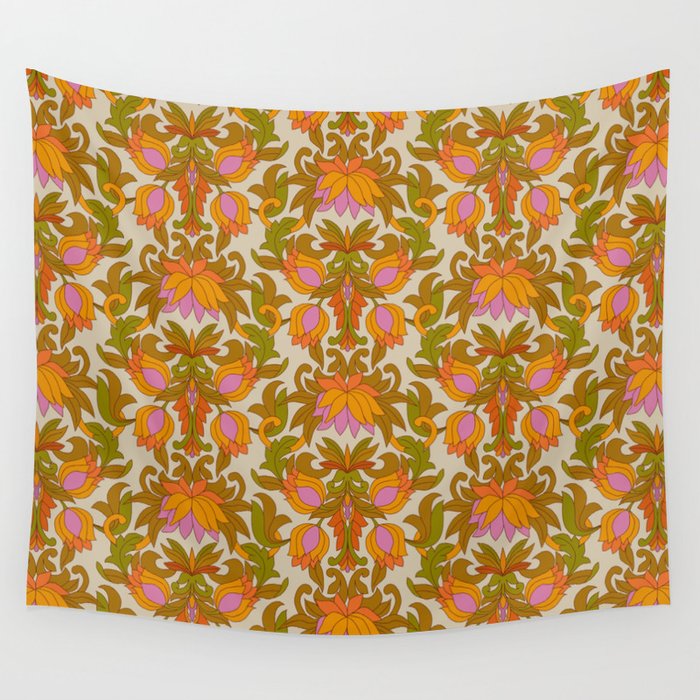Orange, Pink Flowers and Green Leaves 1960s Retro Vintage Pattern Wall Tapestry Gallery Image 4