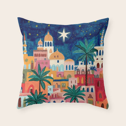 Oriental city under a starry sky in bright colours Throw Pillow Gallery Image 2