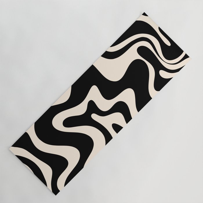 Retro Liquid Swirl Abstract in Black and Almond Cream Yoga Mat Gallery Image 1