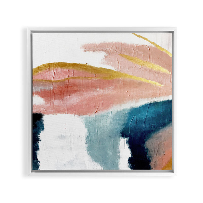 Exhale: a pretty, minimal, acrylic piece in pinks, blues, and gold Framed Canvas Print Gallery Image 29