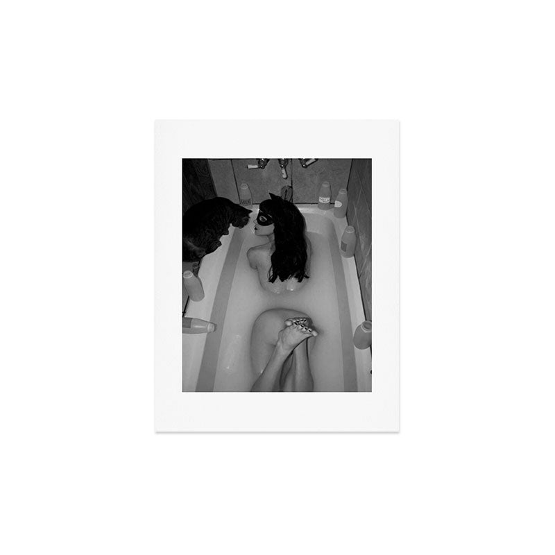 A girl and her cat lapping it up in milk; apartment bathtub nude portrait black and white photograph - photography - photographs Art Print Gallery Image 4
