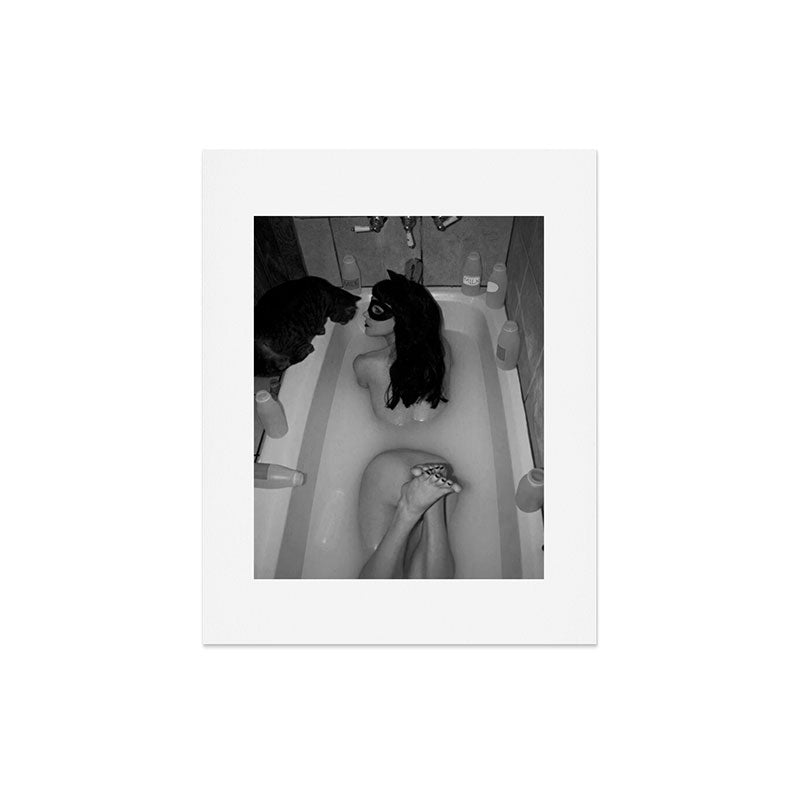 A girl and her cat lapping it up in milk; apartment bathtub nude portrait black and white photograph - photography - photographs Art Print Gallery Image 7